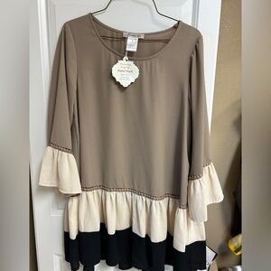 Women's Tan and Cream Ruffle Top